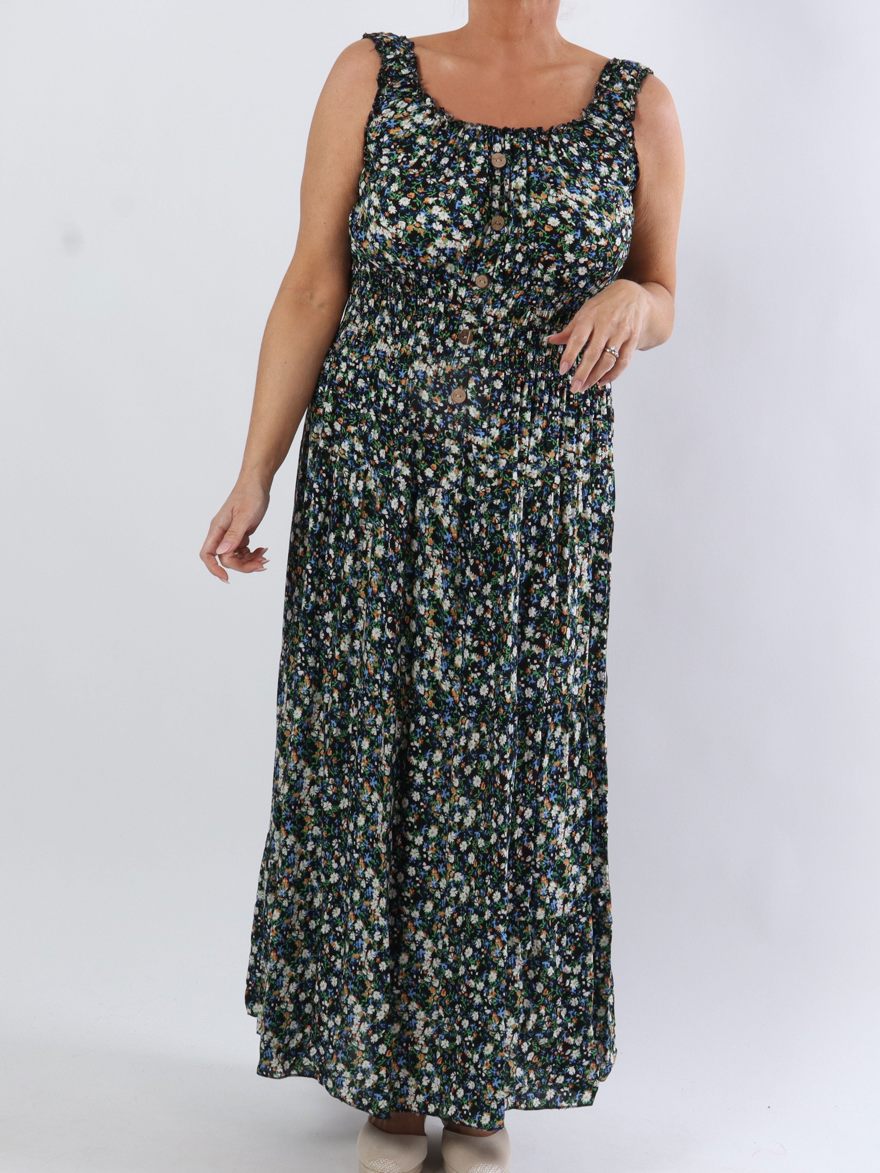 Alicia Flower - Lang plus size stropkjole med småt blomsterprint